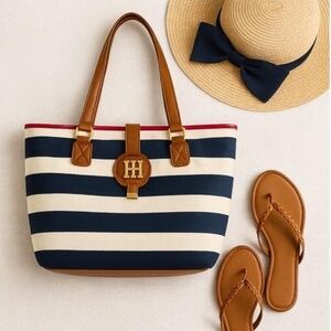 Tommy Hilfiger Striped Canvas Tote Bag Leather Trim Nautical Preppy Coastal Chic